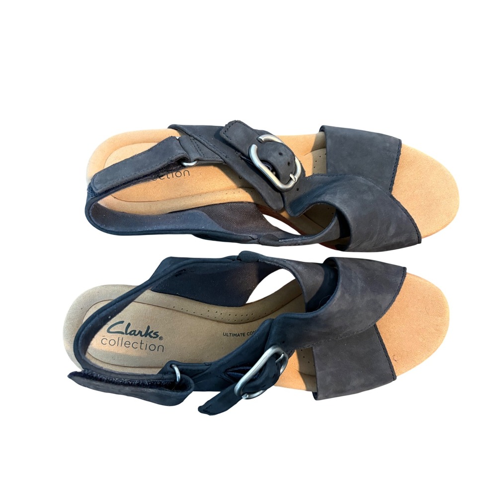 Clarks Giselle Dove Wedge Sandals Navy Nubuck Women's Size 9.5W Comfort Cork - Picture 2 of 7